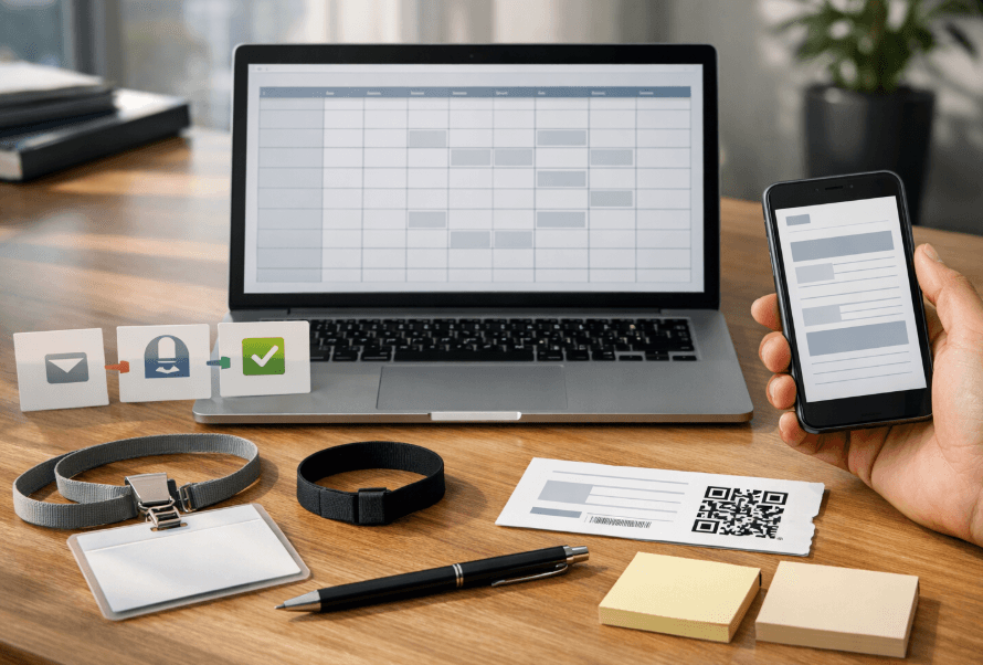 Foto editorial hiperrealista de un escritorio de organizador/a de eventos en una oficina moderna.