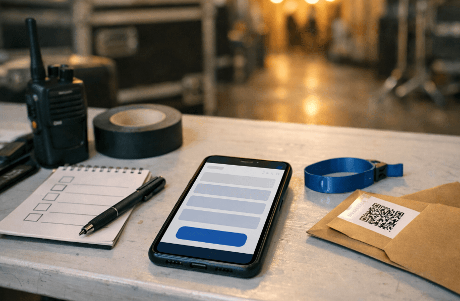 Foto hiperrealista, ambiente real de backstage/producción en un venue. Primer plano (close-up) de un smartphone moderno apoyado sobre una mesa plegable metálica con textura y pequeños golpes/raspones. En la pantalla del celular se ve una interfaz tipo email “recordatorio 24 horas” pero SIN texto legible: solo bloques grises (placeholders) simulando líneas y secciones, y un botón grande genérico sólido en la parte inferior (sin letras). A un costado del celular: una hoja de papel con un mini checklist de 5–6 cuadraditos vacíos (sin palabras), una pulsera de acceso lisa (sin impresión), y un sobre kraft parcialmente abierto con un ticket que muestra un QR genérico claramente visible