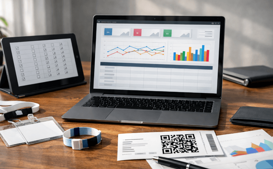 En el centro una notebook abierta mostrando un dashboard genérico de KPIs de evento.