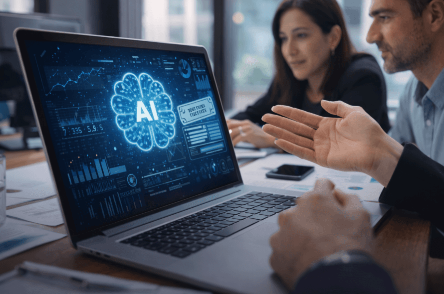 Personas en una oficina mirando una notebook con un panel digital de analítica e inteligencia artificial en pantalla.
