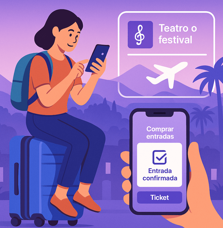 Imagen que muestra la conexión entre la transaccion de entradas digitales y la organización de viajes culturales en Argentina. Los usuarios compran sus entradas desde cualquier destino, combinando viajes y experiencias en teatros o festivales. La imagen representa cómo la tecnología facilita acceder a entradas rápidas, seguras y adaptadas a cada tipo de evento.