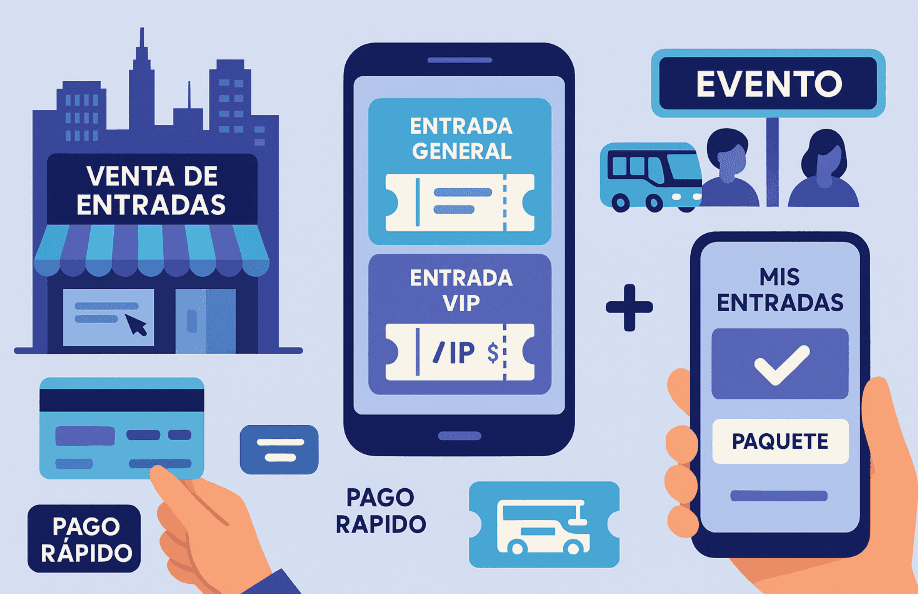 Imagen que muestra distintas opciones para comprar entradas digitales de eventos en Argentina. Las entradas se venden desde el centro de la ciudad y también online, con opciones rápidas de pago y transporte incluido. Los usuarios eligen entre opciones de entradas generales o VIP, gestionan sus entradas desde el celular y acceden a promociones combinadas con transporte. Esta imagen representa cómo Fanz centraliza las entradas y ofrece una opción moderna para productores y agencias del centro urbano, con entradas seguras, y facilidad de transporte.