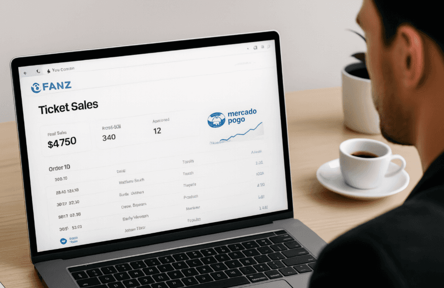 Organizador usando el panel de Fanz para controlar ventas, ganancias e integración en tiempo real.