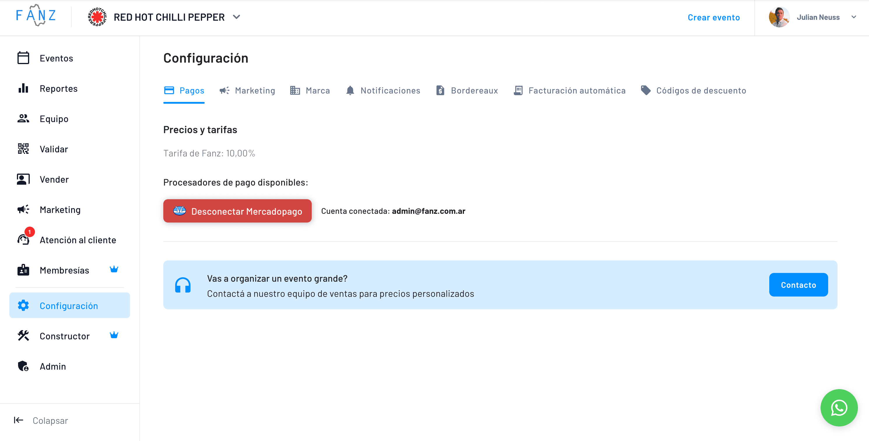 Panel de configuración de Fanz donde el organizador vincula su cuenta de Mercado Pago para aceptar pagos digitales, recibir acreditaciones inmediatas y cobrar sin intermediarios desde su ticketera con dominio propio.