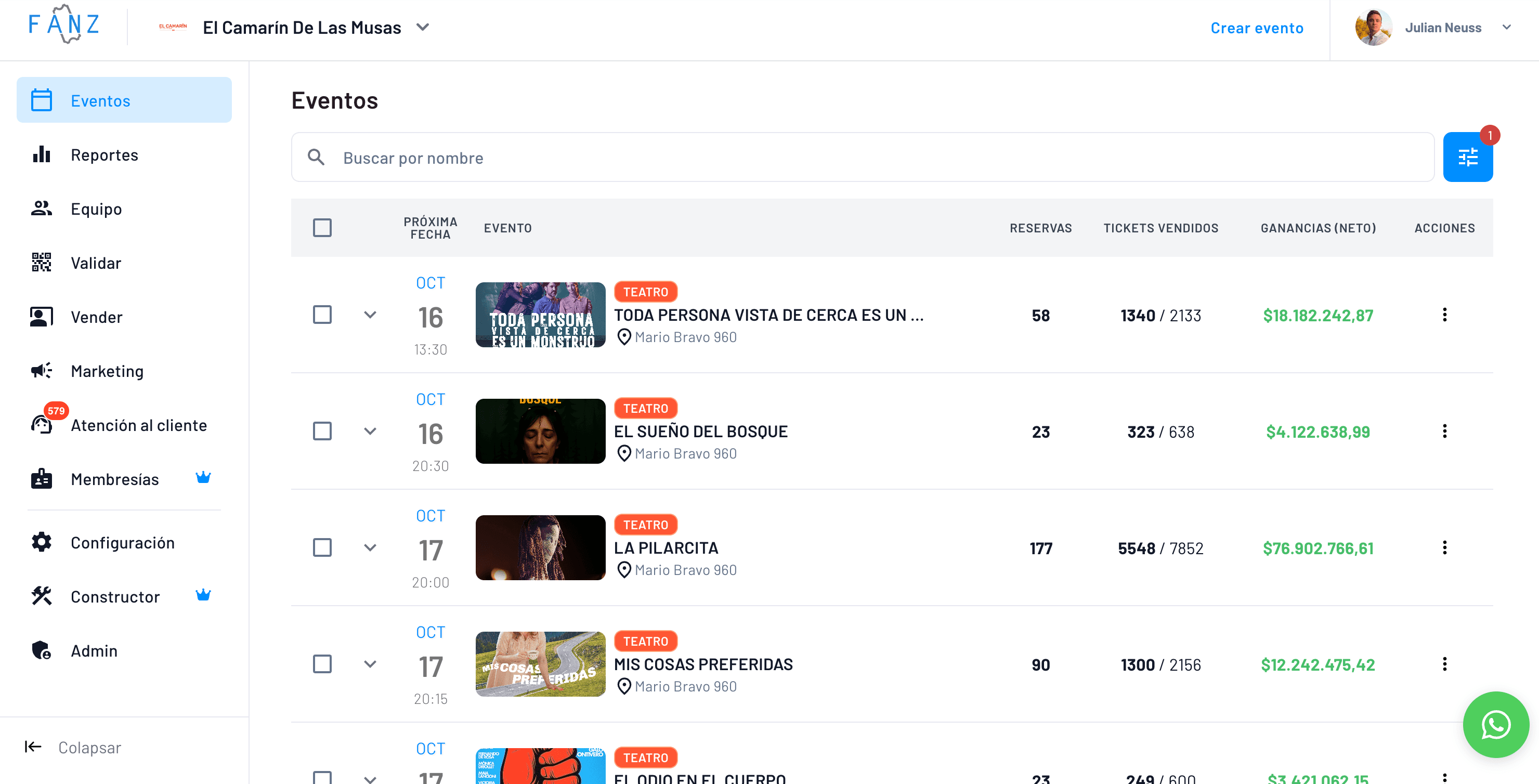 Pantalla del panel de Fanz donde el organizador carga su evento con nombre, fecha, ubicación, precios y stock de entradas, gestionando toda la venta online desde una ticketera con dominio propio y control total en tiempo real.