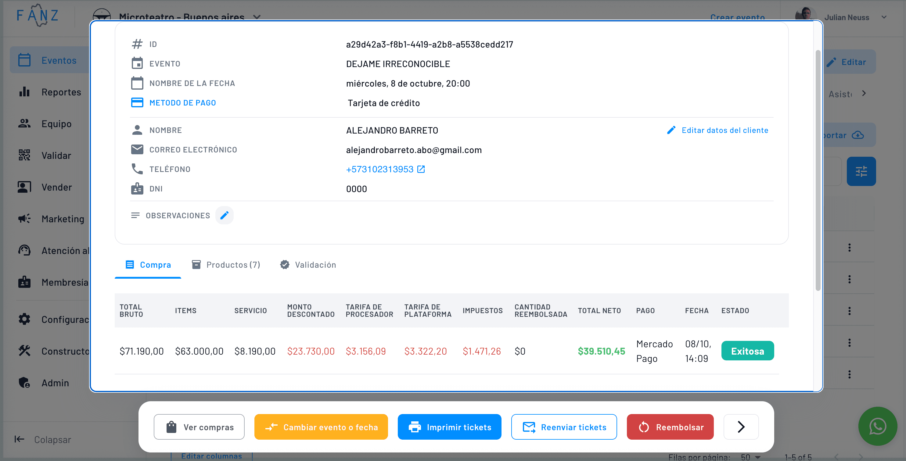 Orden de compra en Fanz dónde se puede visualizar el desglose detallado de cada compra (IVA, procesador de pago, costo de la plataforma, etc).