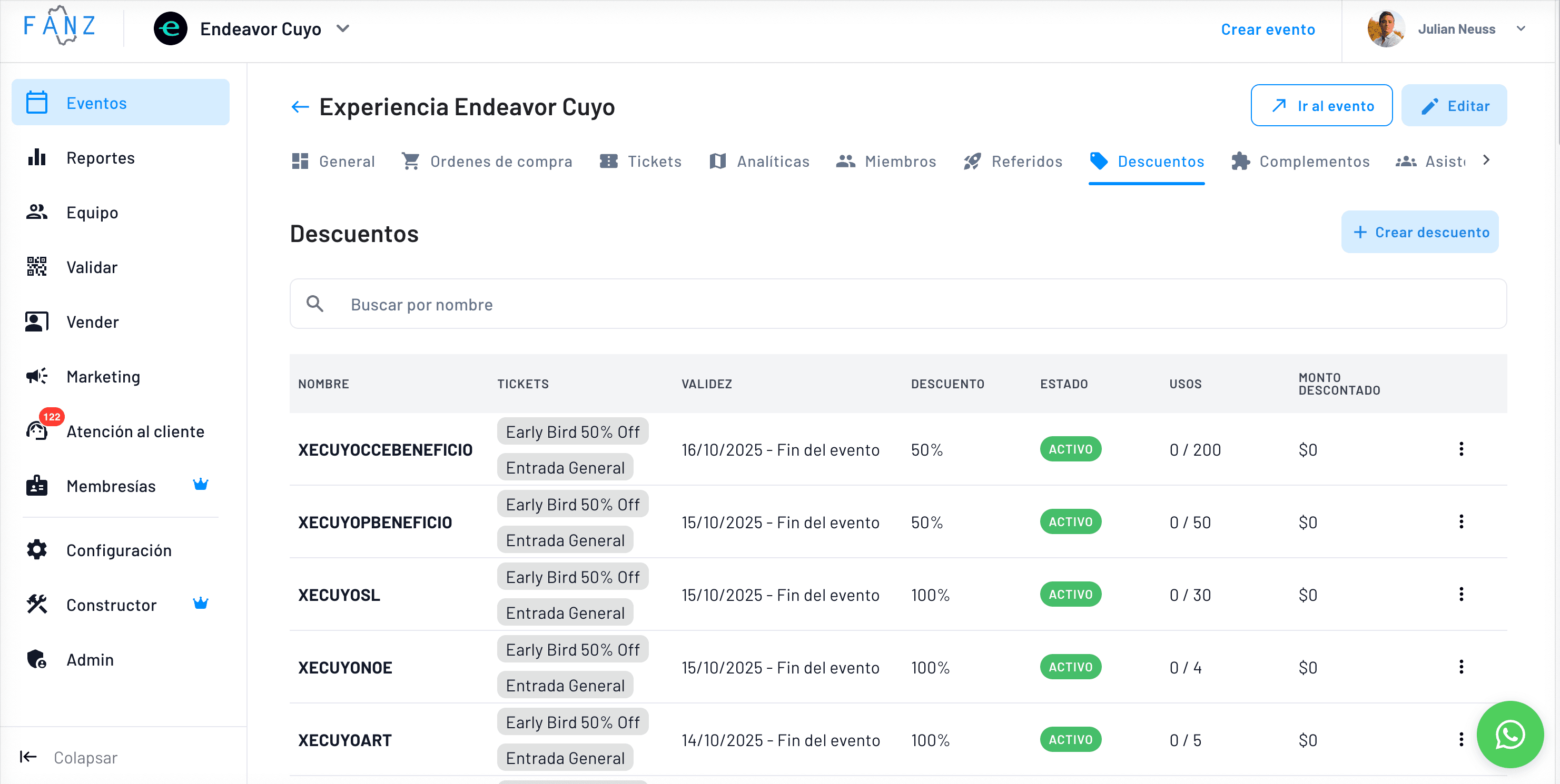 Panel de Fanz para gestionar cupones de descuento para los eventos del organizador.