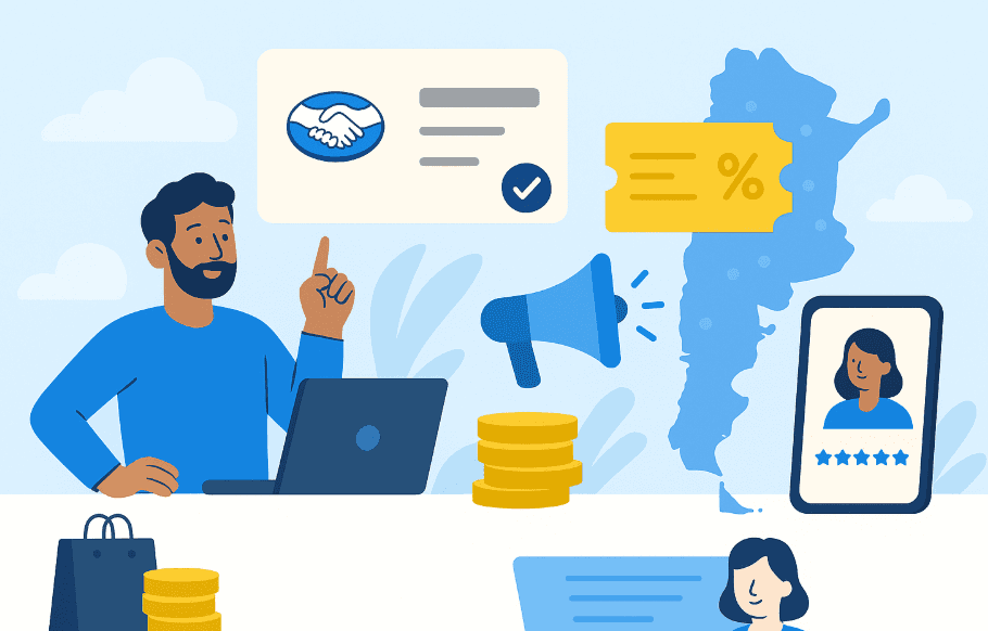 Ilustración de un organizador argentino usando Fanz para cobrar entradas, aplicar descuentos y aumentar sus ganancias en todo el país.