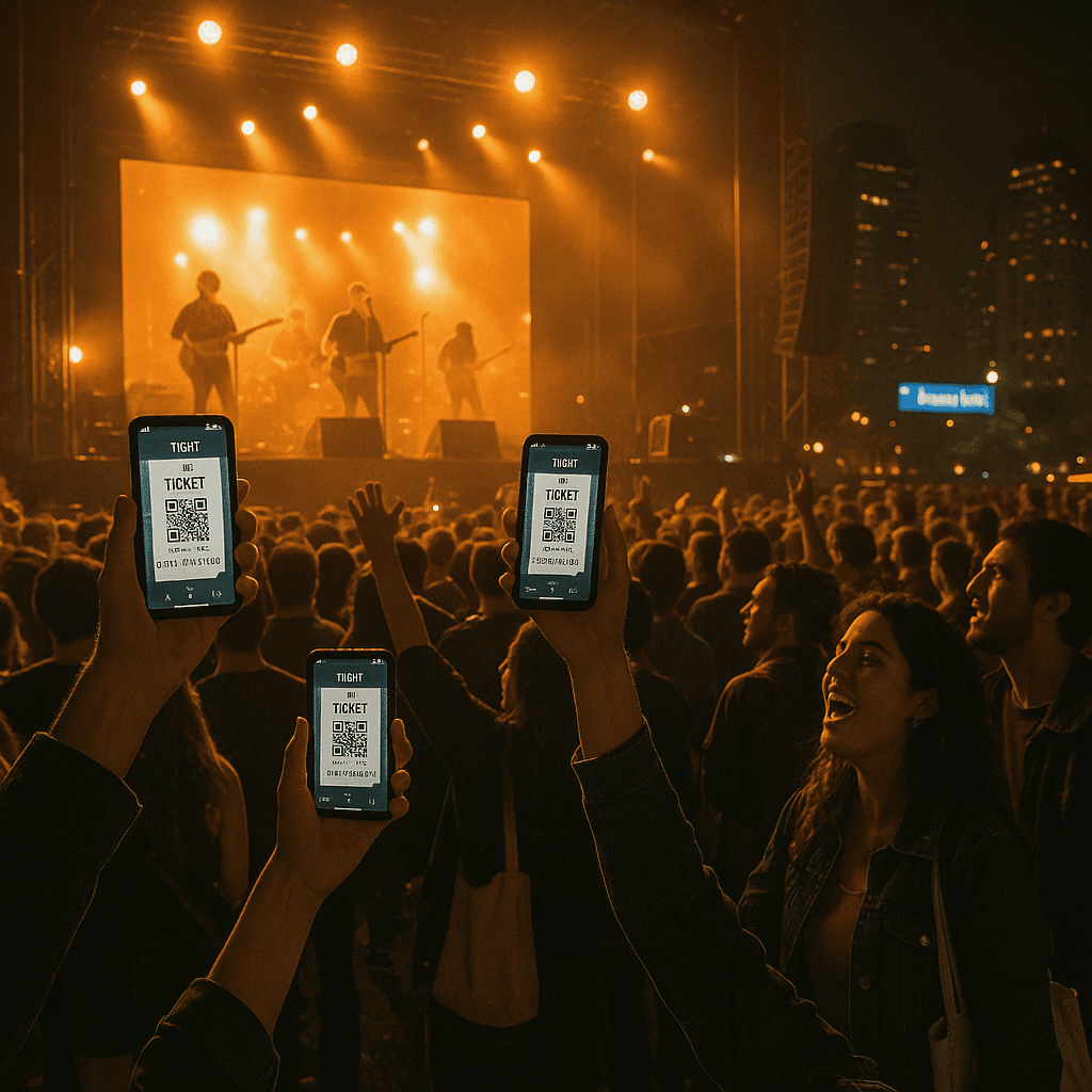 Fans levantando sus celulares con entradas digitales en un recital en Buenos Aires, representando la experiencia conectada de AccesoFan