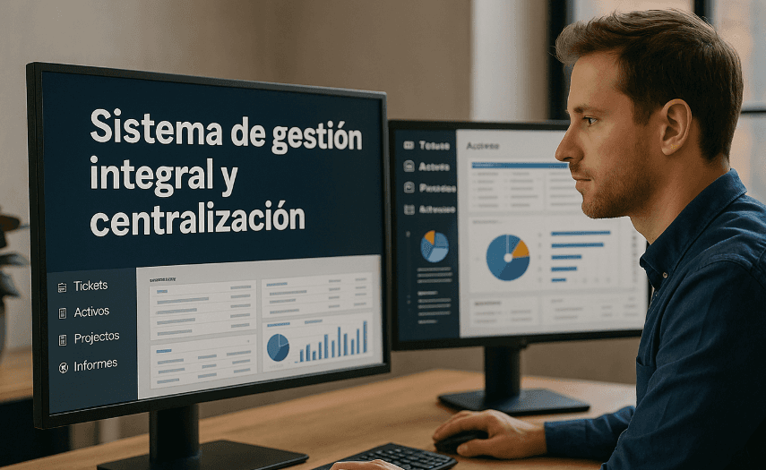 Hombre joven trabajando en una oficina moderna frente a dos monitores que muestran un panel de control con el título ‘Sistema de gestión integral y centralización’. 