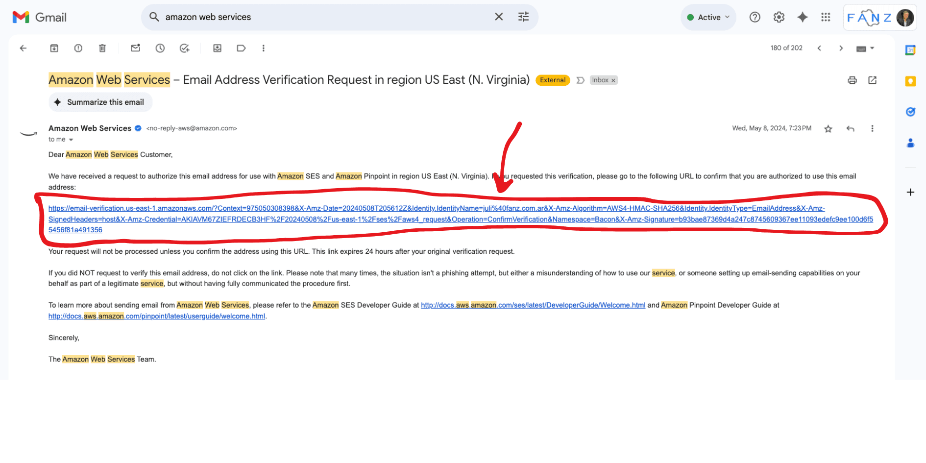 captura de pantalla del mail que recibis de Amazon Web Services para confirmar tu correo electrónico
