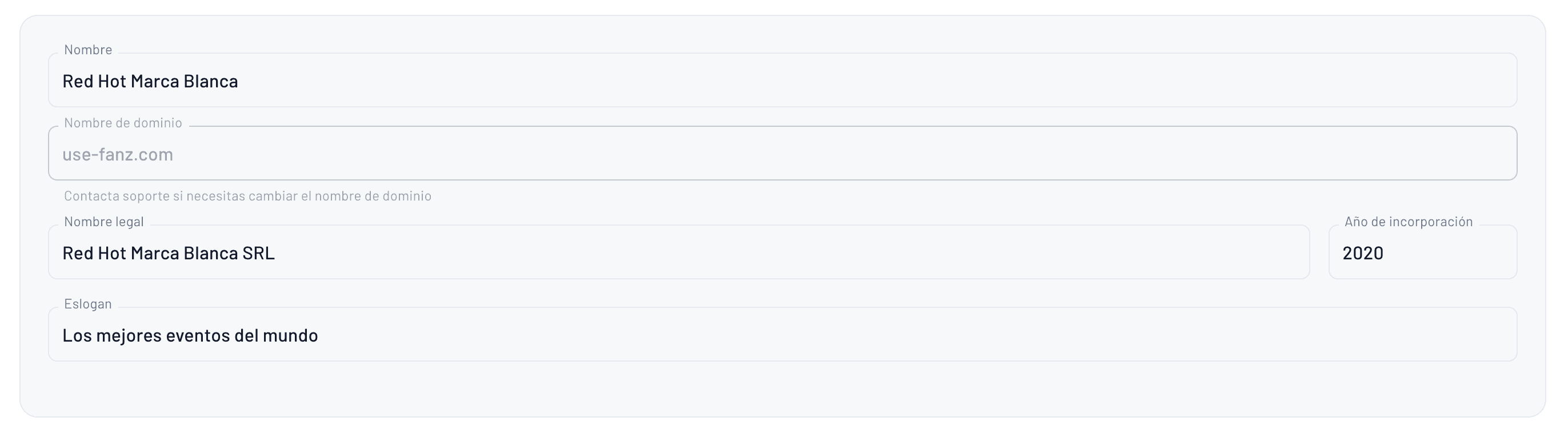 formulario de configuración de la información de la marca blanca