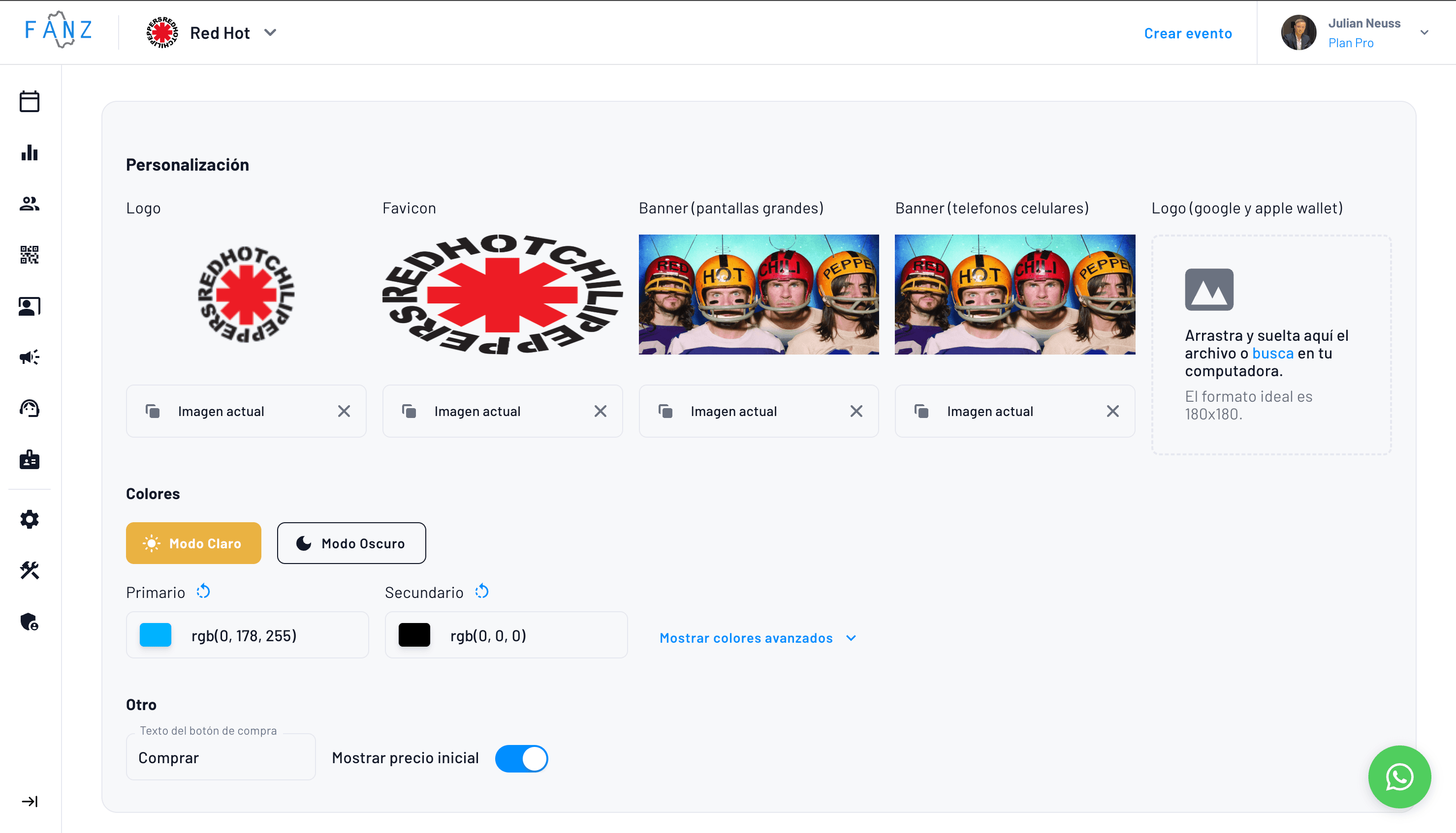panel de Fanz para personalizar la estetica de la ticketera marca blanca