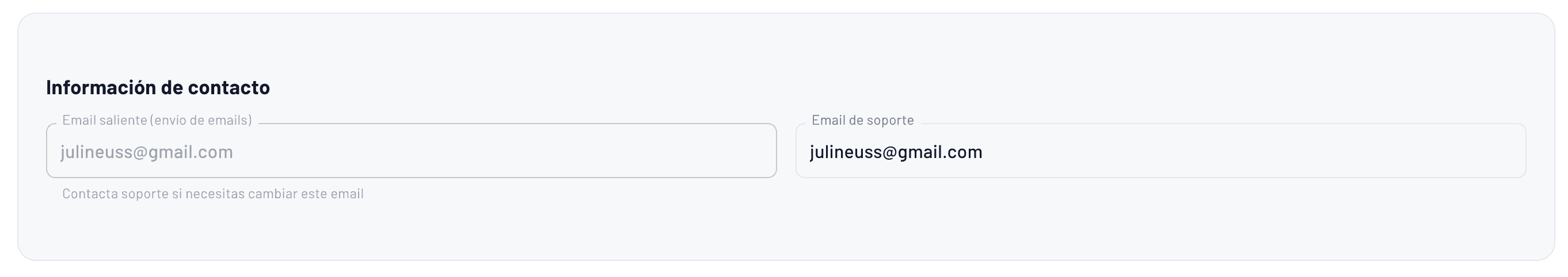 formulario para configurar el mail de soporte