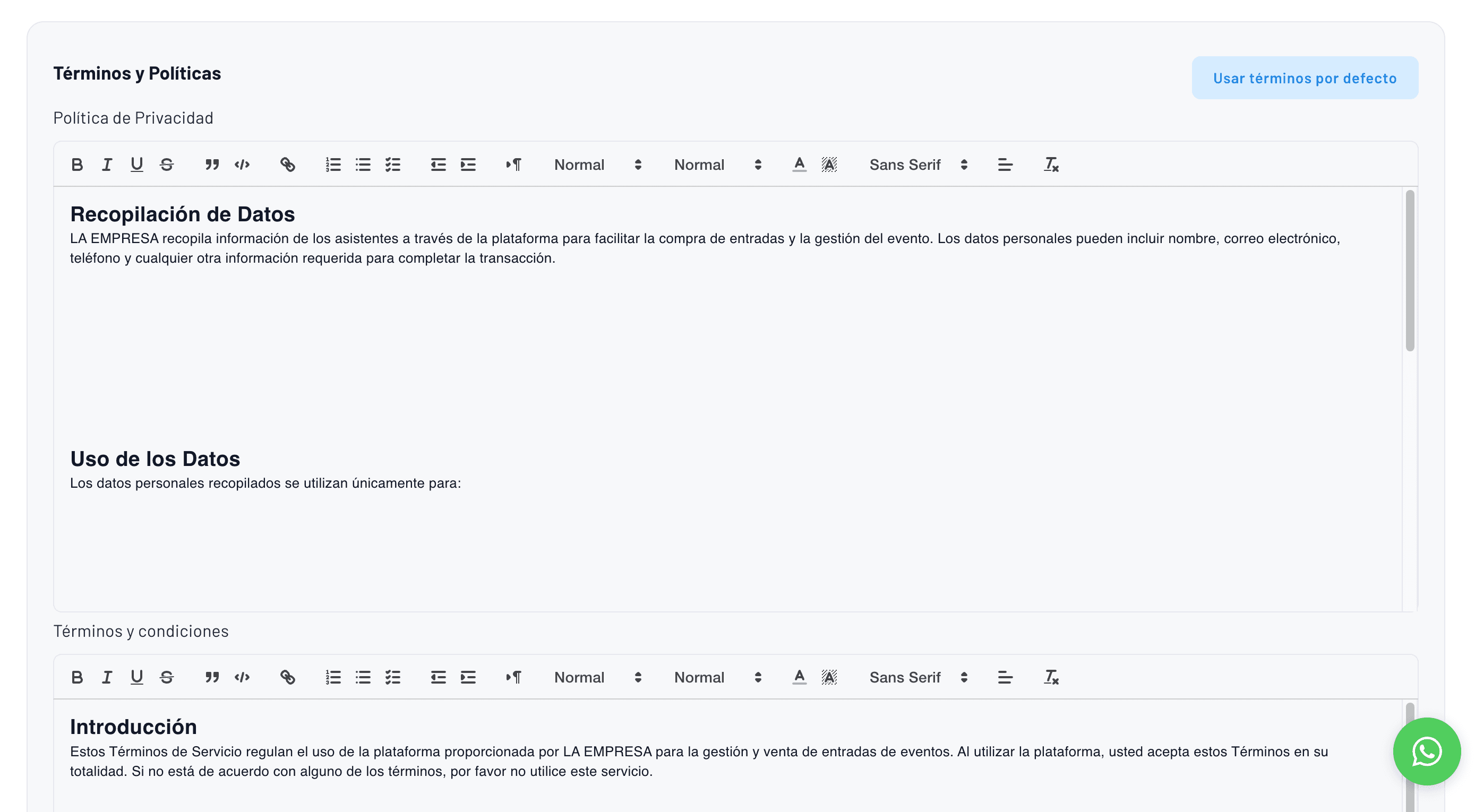 Formulario para configurar los términos y políticas