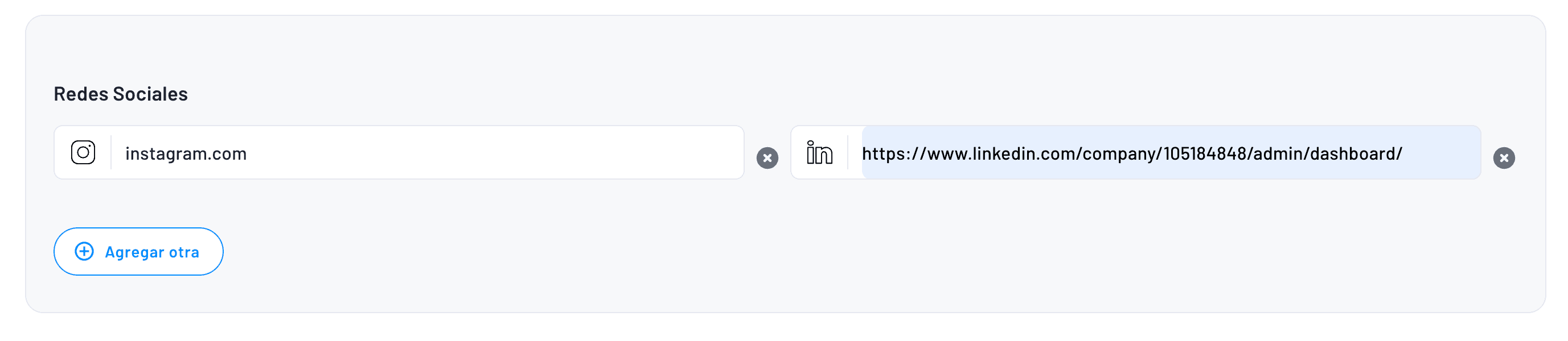 formulario para configurar todas las redes sociales
