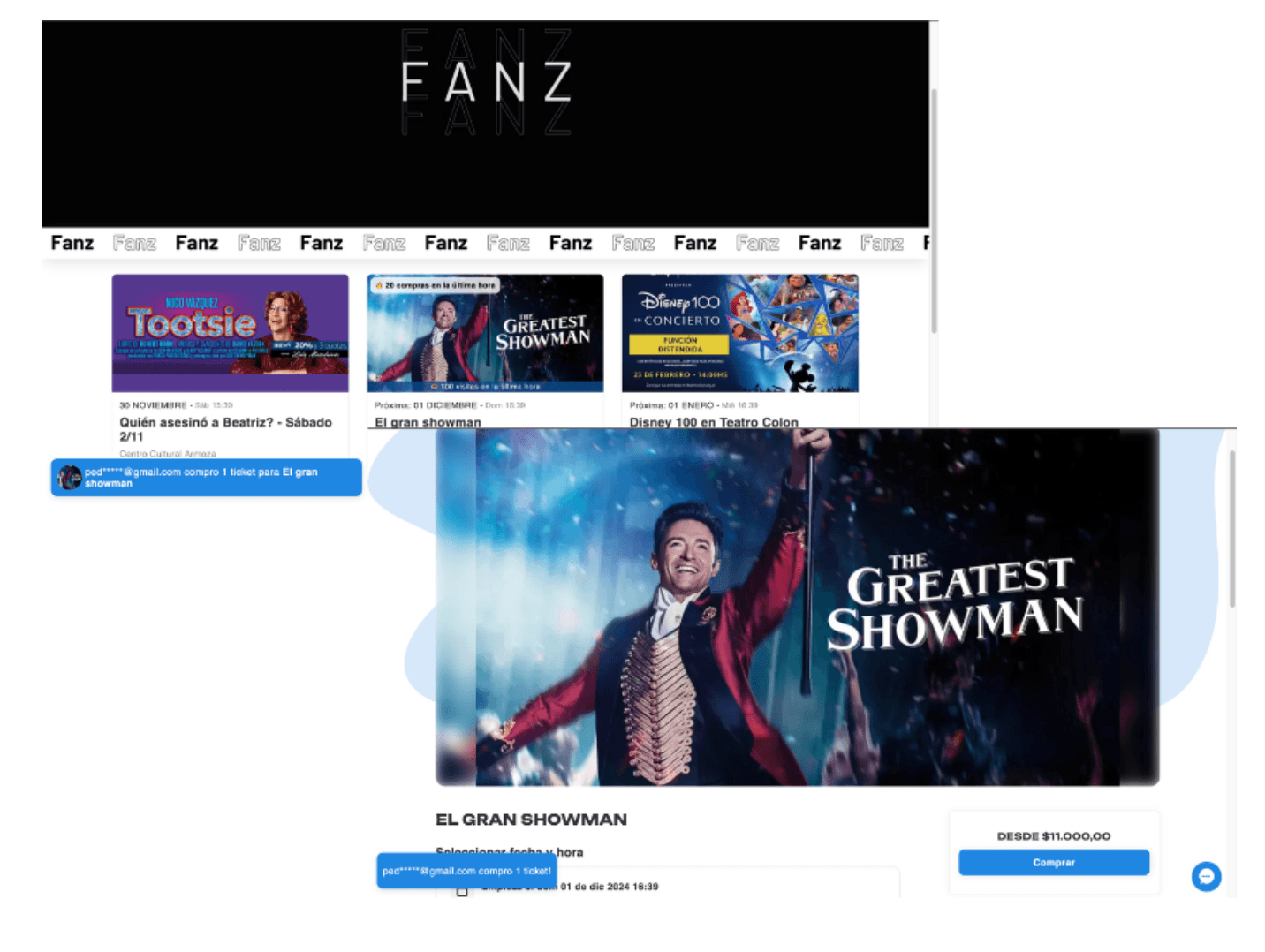 Ejemplo de como se ven los carteles de cuando un usuario hizo una comprar mientras vos estas revisando el evento o la cartelera de tu empresa. Vas viendo como la gente compra en tiempo real.