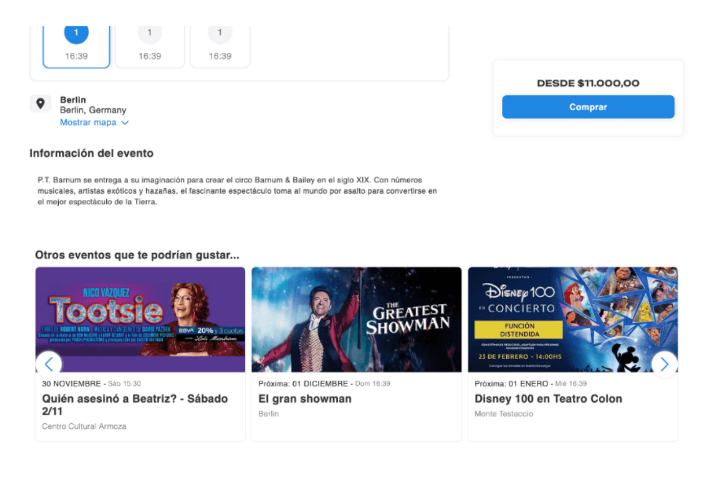 carrousel de eventos recomendados.