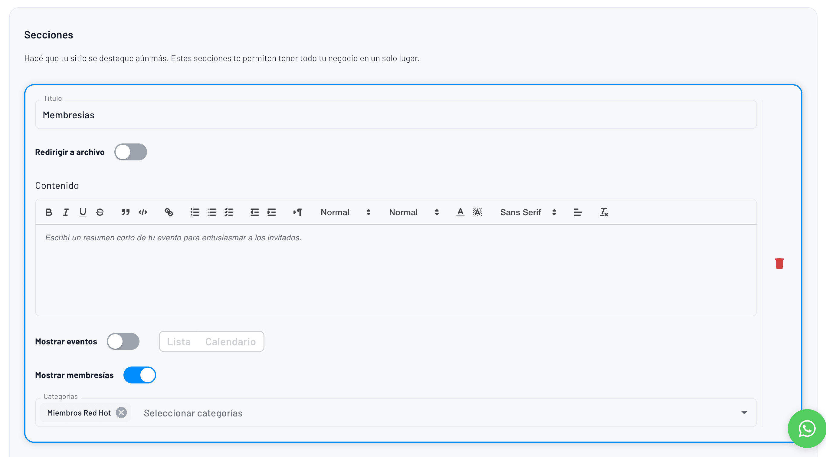 formulario para configurar una sección