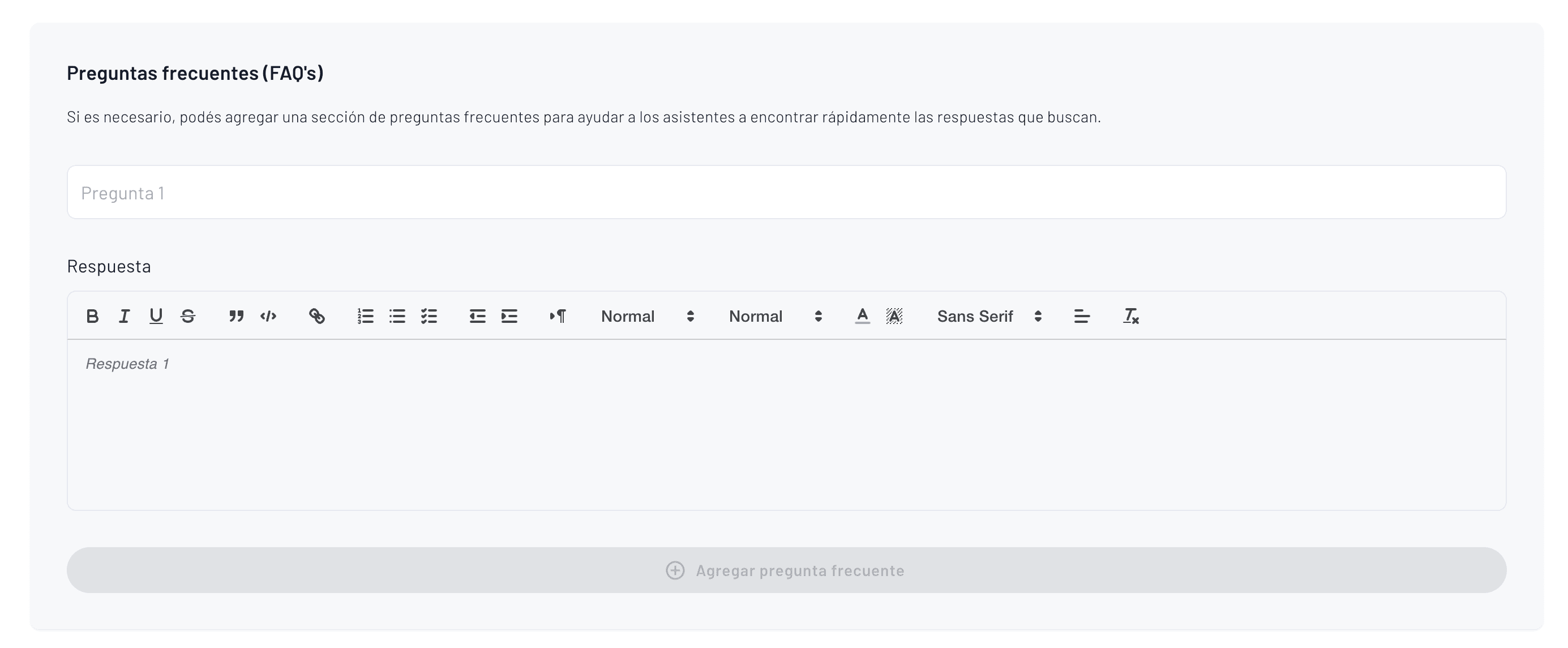formulario de configuración de las preguntas frecuentes.
