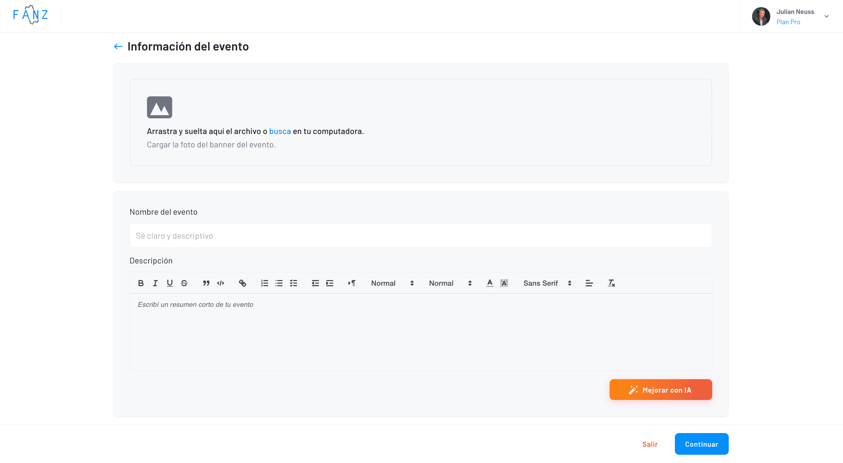 captura de pantalla del primer paso del formulario de creación de eventos en el panel de Fanz dónde se debe agregar una imagen, nombre y descripción.