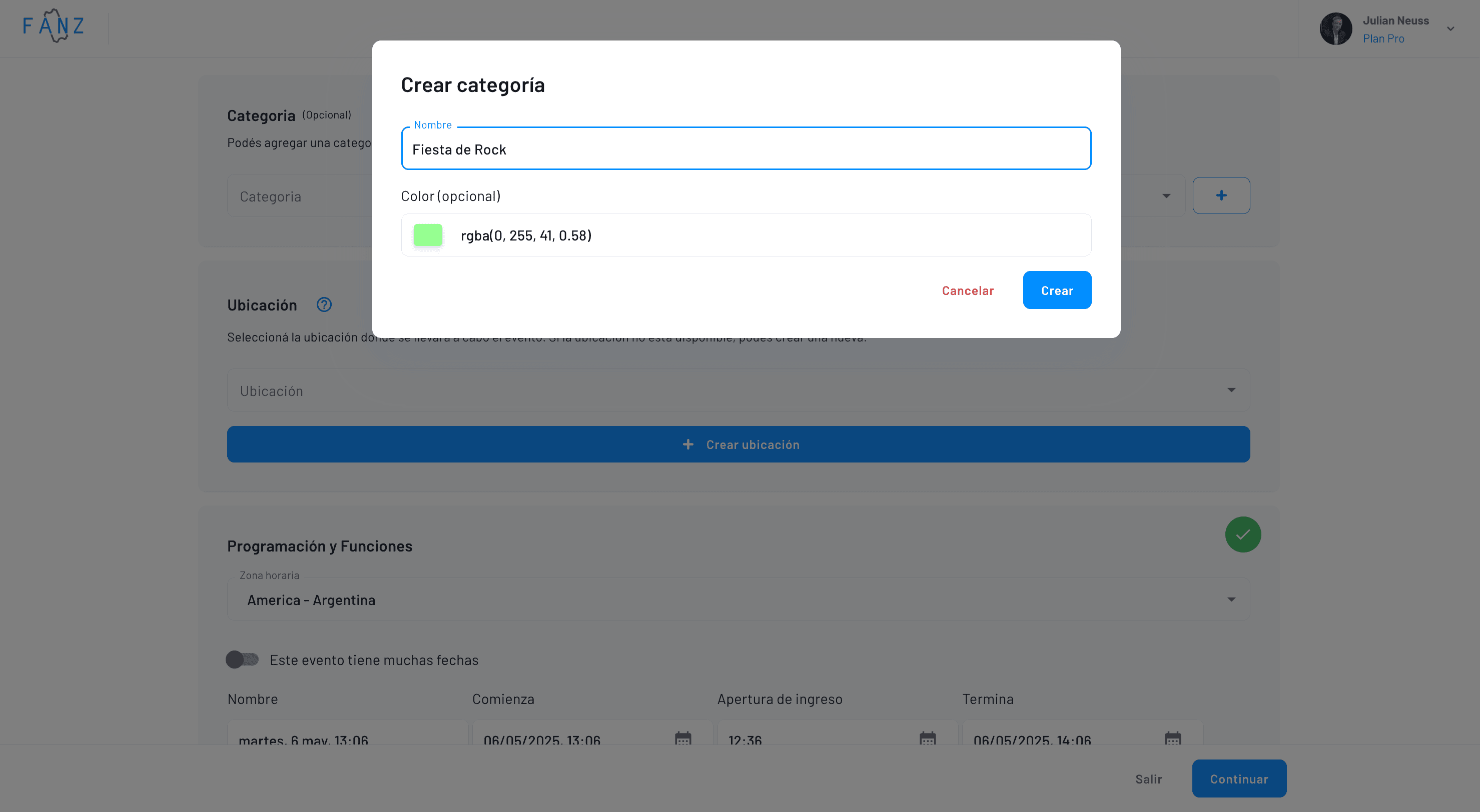 captura de pantalla del panel de fanz con el formulario de creación de categoría