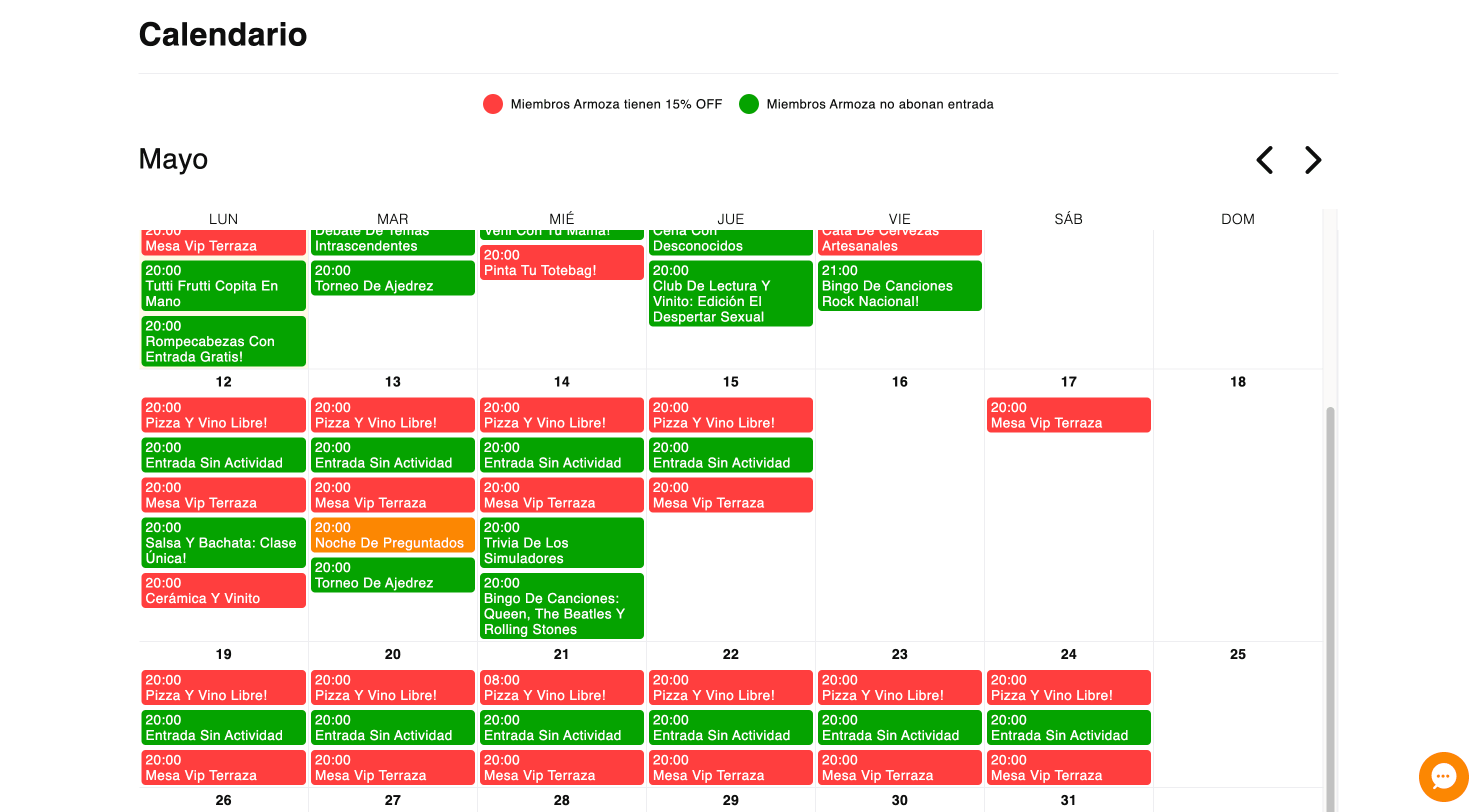 captura de pantalla del sitio de ccarmoza.com mostrando su calendario con eventos divididos por categoría