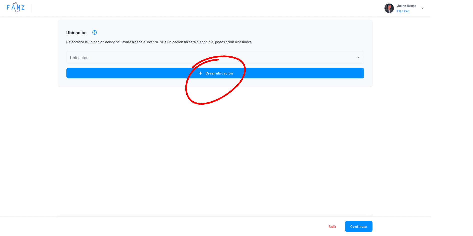 panel de Fanz en la creación de un evento en la creación de la ubicación