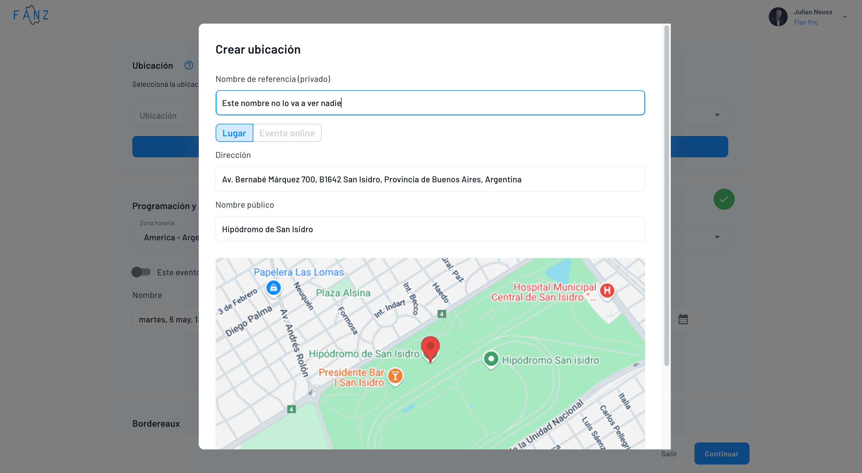 detalle de la configuración de la ubicación de un evento