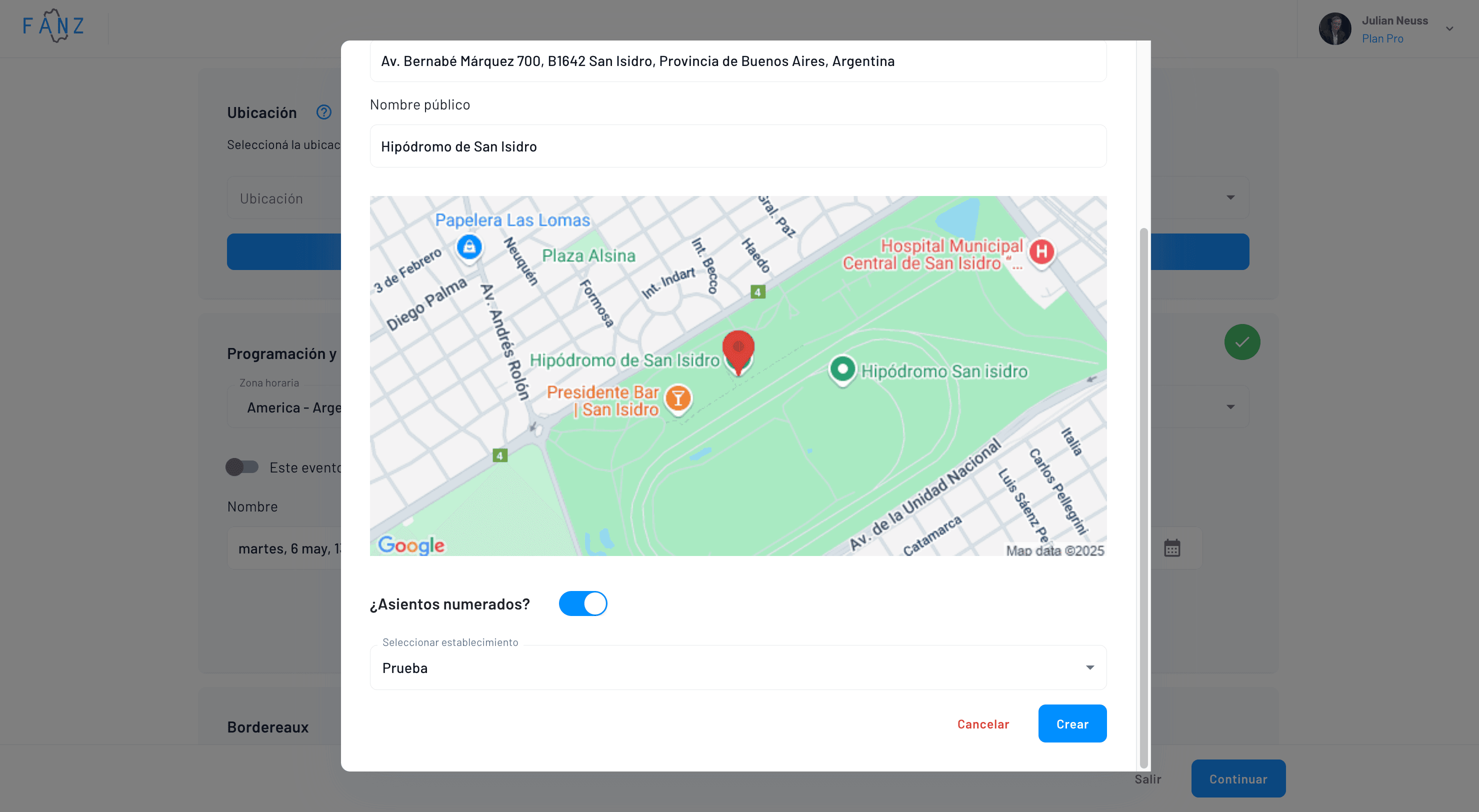 detalle de la configuración de una ubicación con asientos numerados
