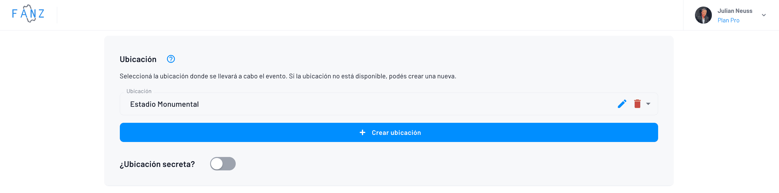 configuración de la ubicación al crear un evento en Fanz