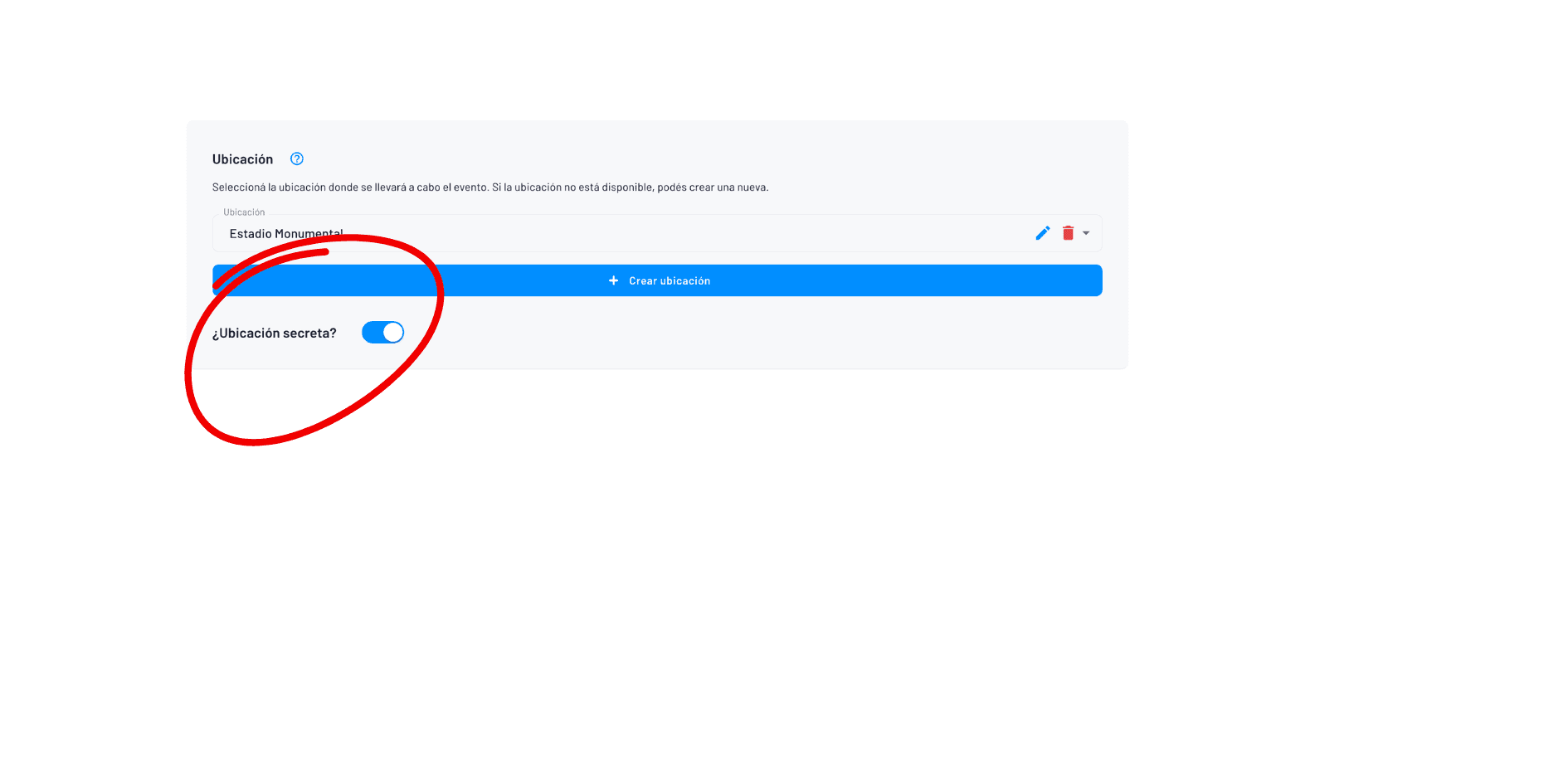 configuración de ubicación secreta al crear un evento en Fanz