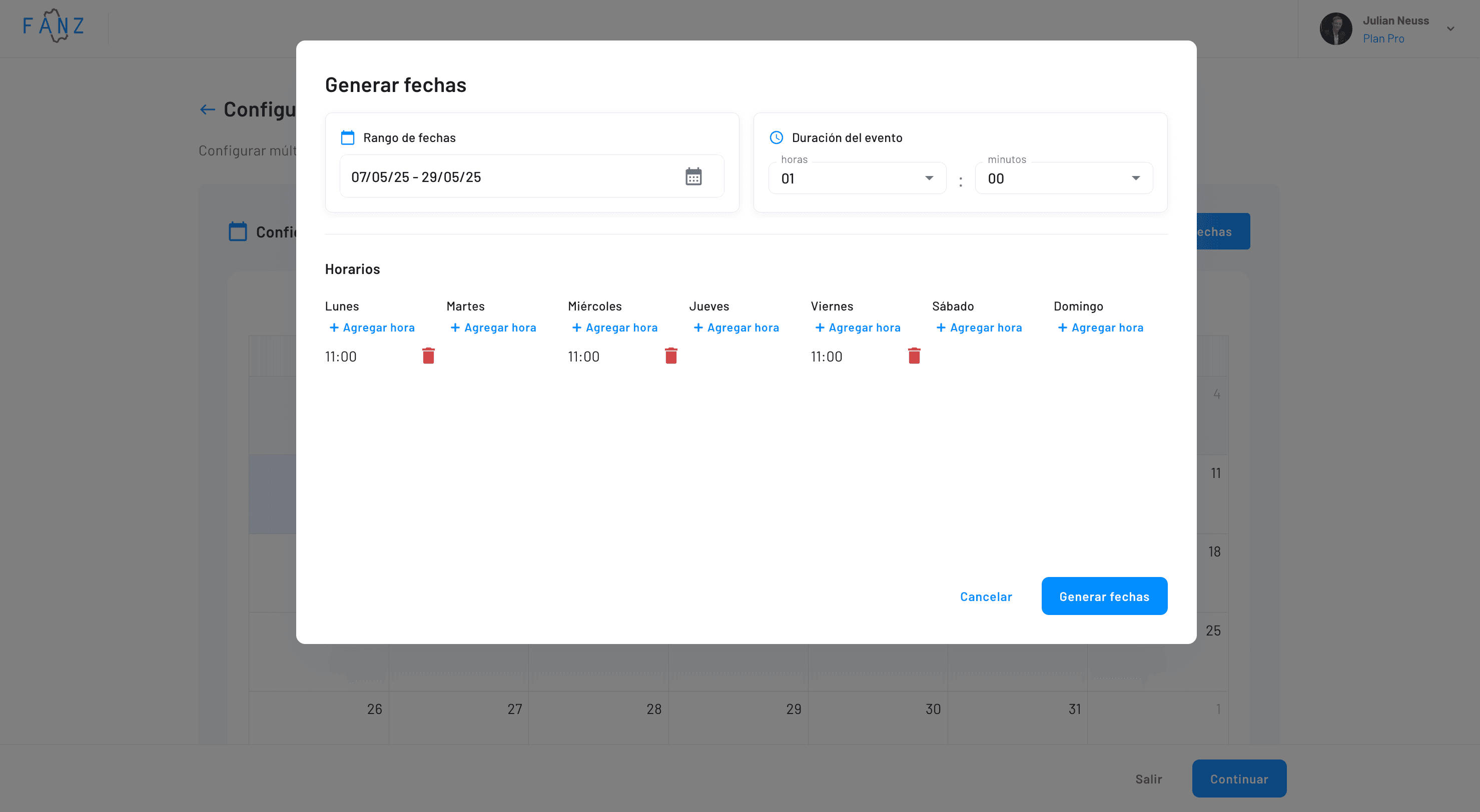 formulario para generar múltiples fechas de la misma duración en dias y horarios repetidos
