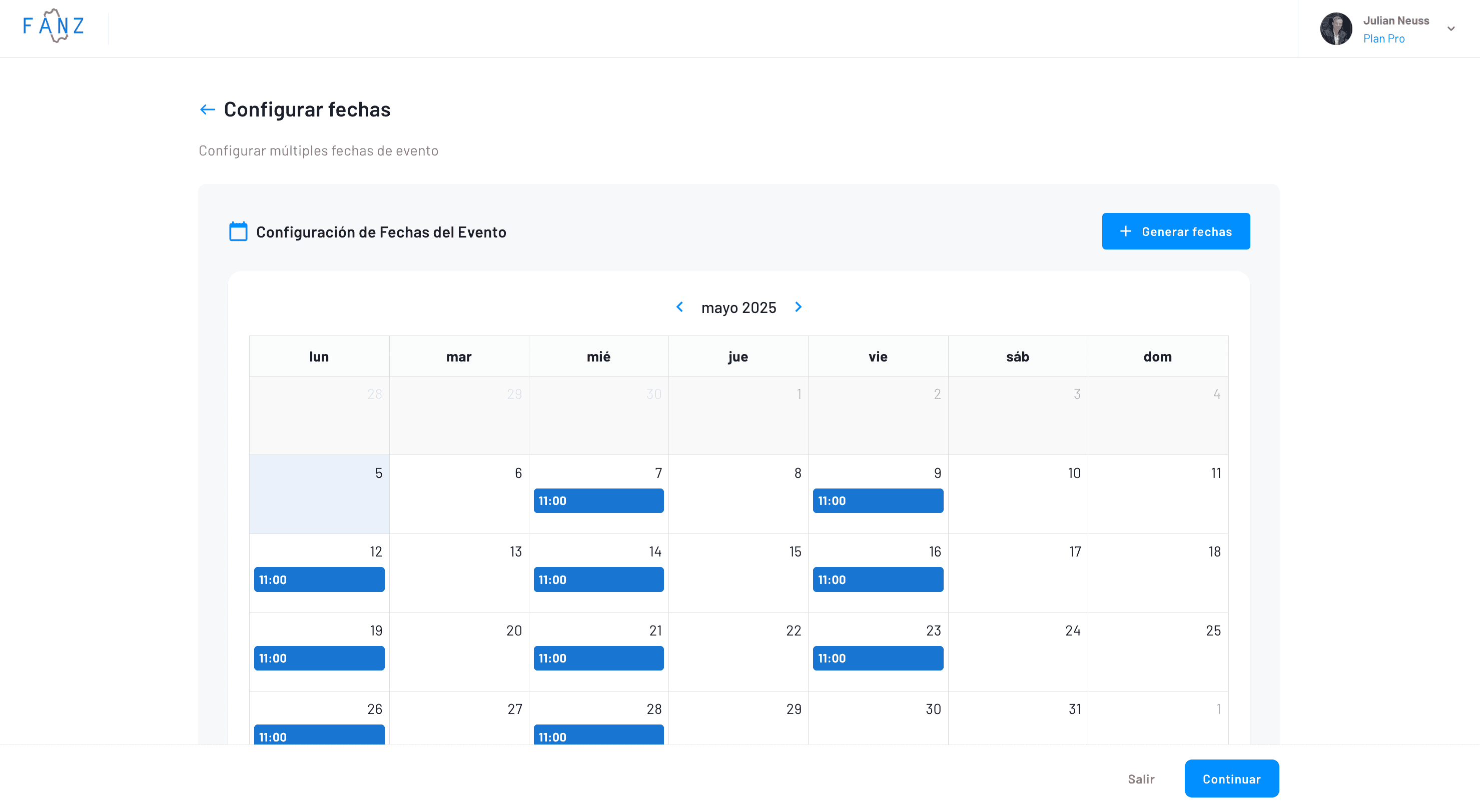 fechas generadas en el calendario
