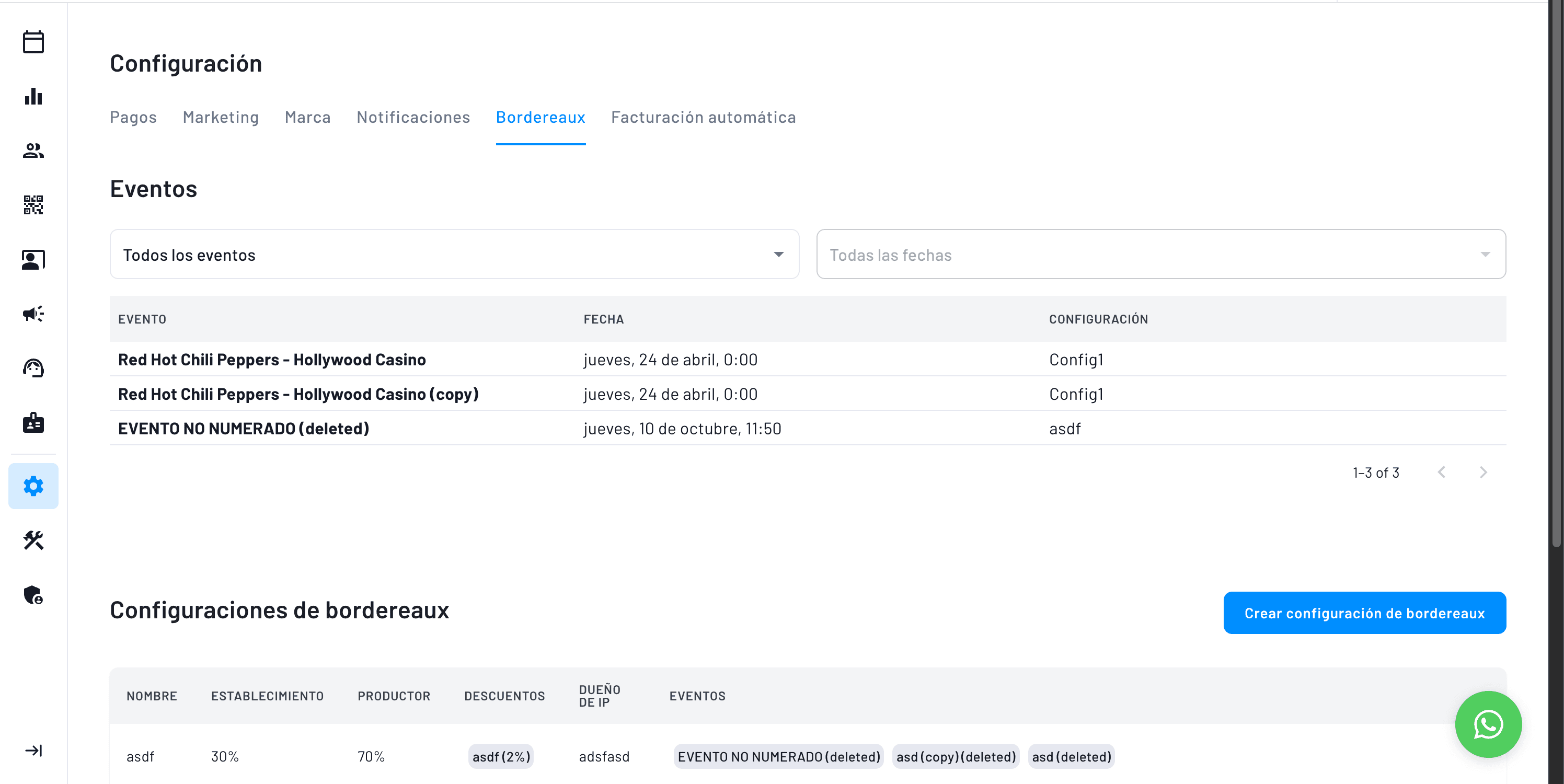 panel de configuración de bordereaux