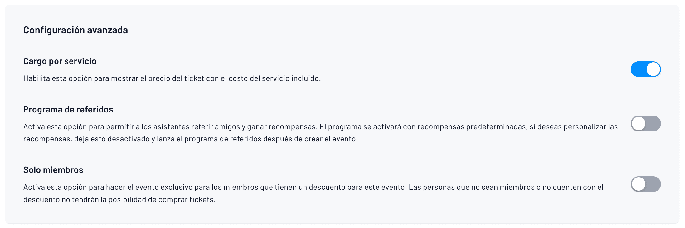 configuración avanzada del evento: cargo por servicio, referidos y eventos solo para miembros