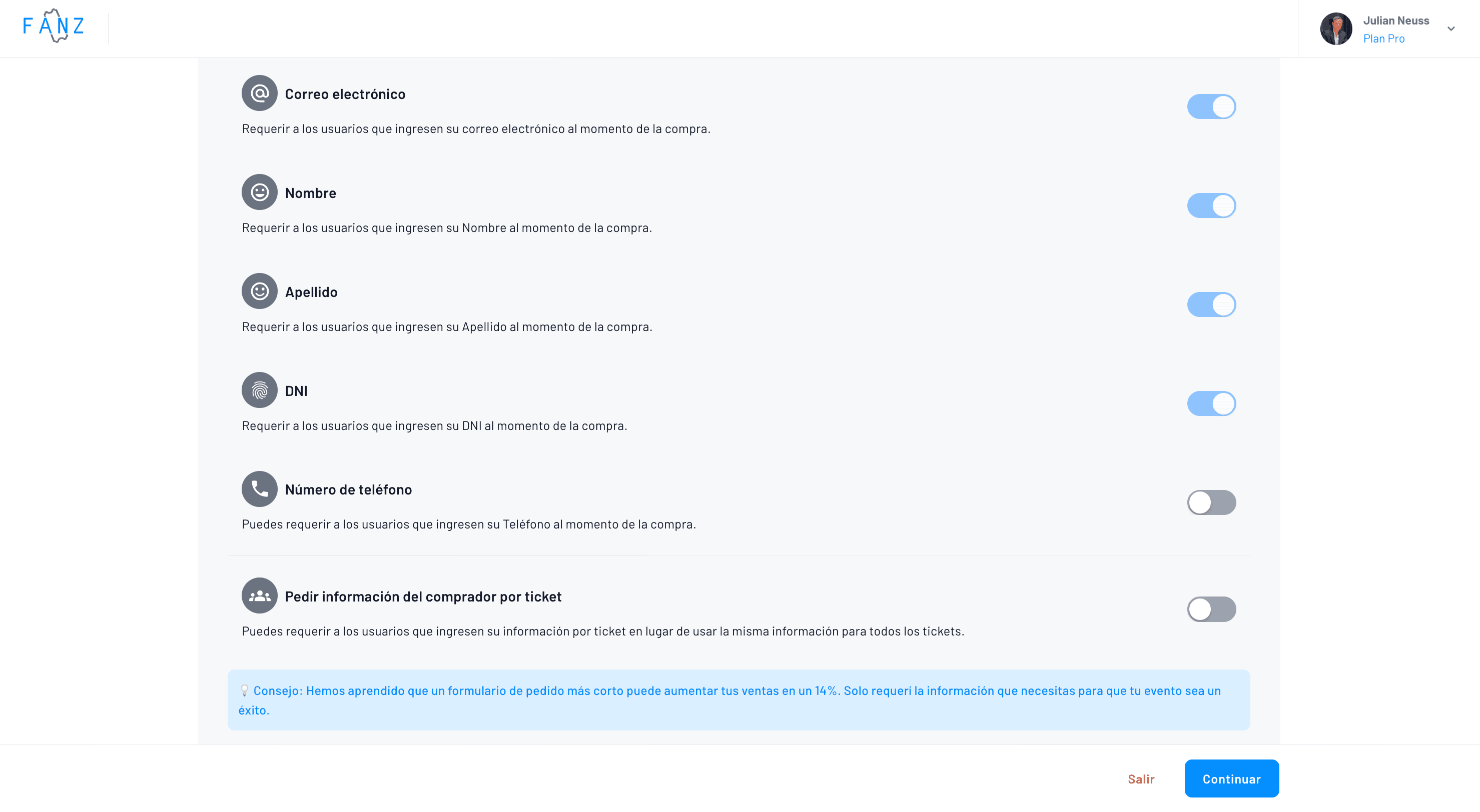 configuración del checkout de compra y campos necesarios