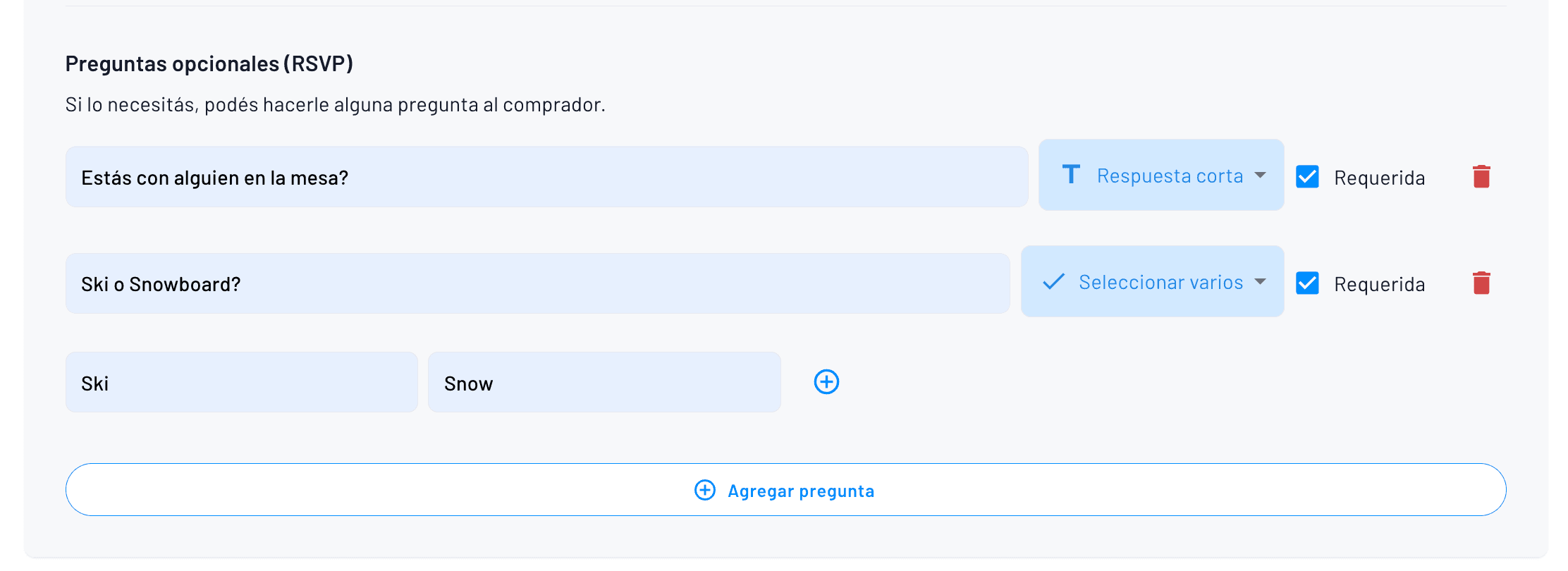 formulario de configuración de las preguntas opcionales al comprar
