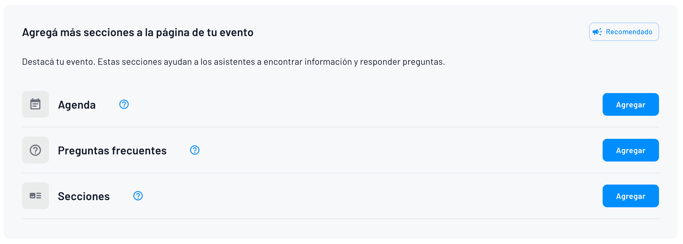 secciones extras para la página del evento: agenda, FAQs, etc