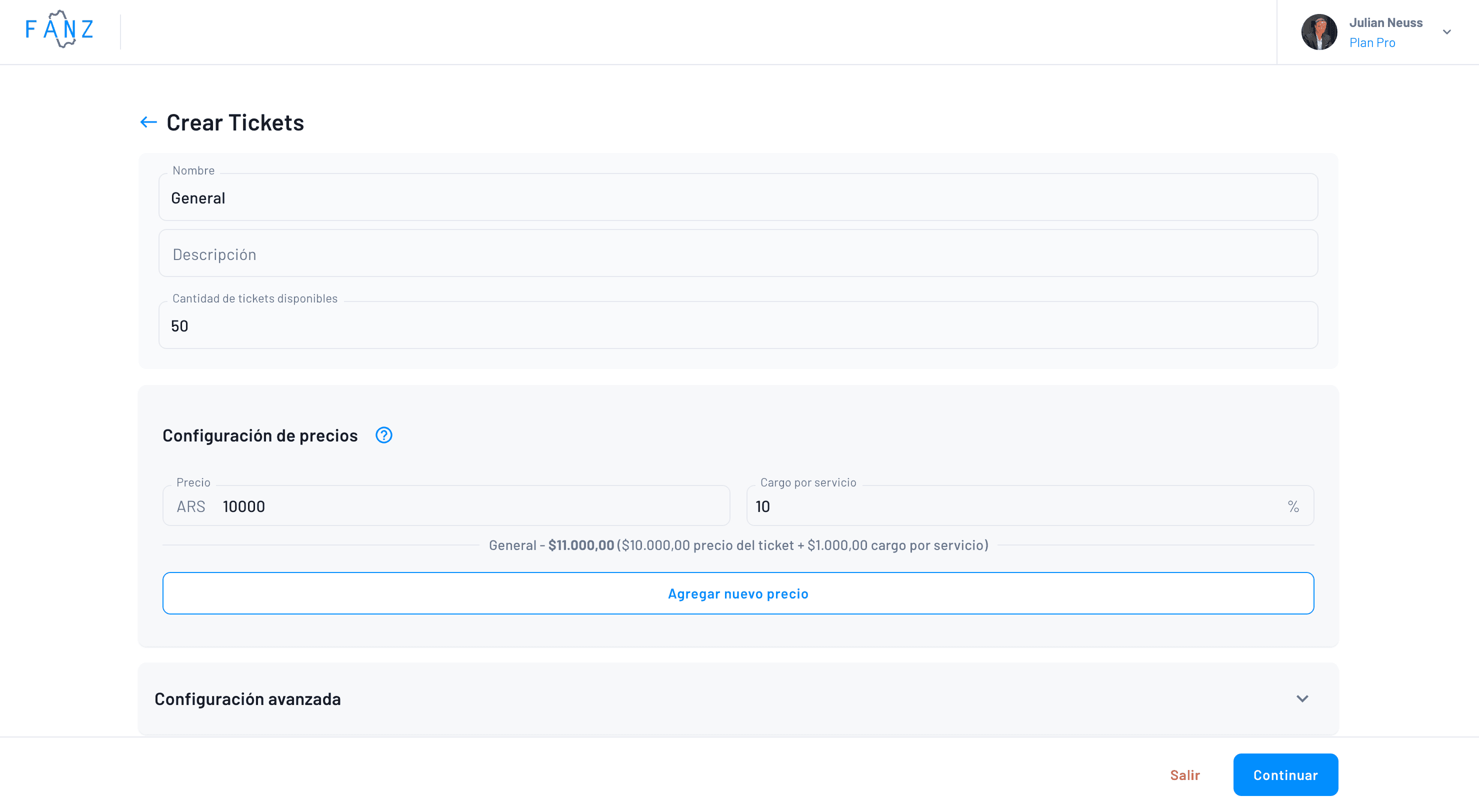 formulario para crear tickets del evento