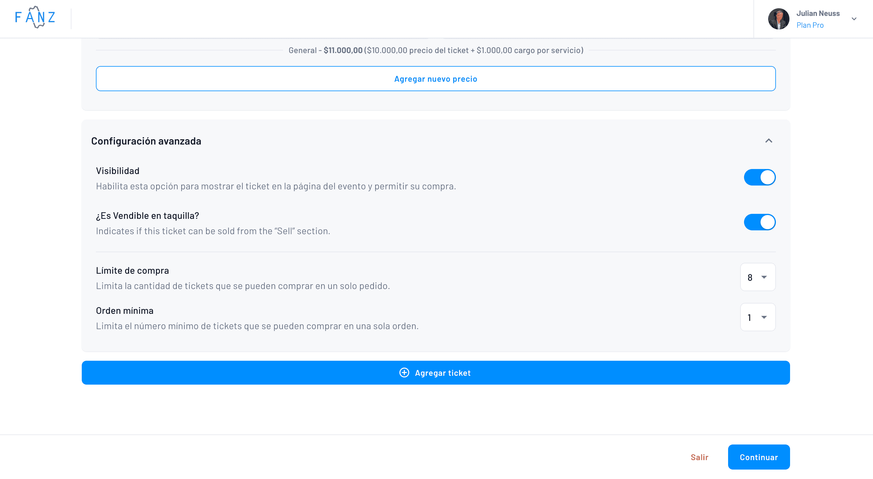 configuración avanzada de la creación de tickets del evento
