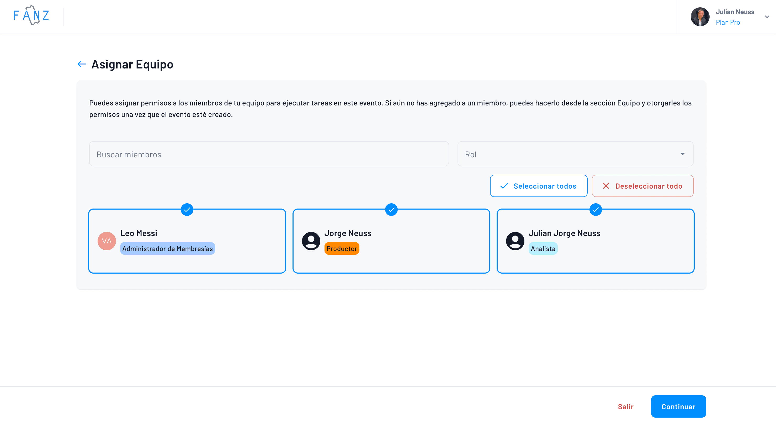 asignación de miembros del equipo al evento en cuestión