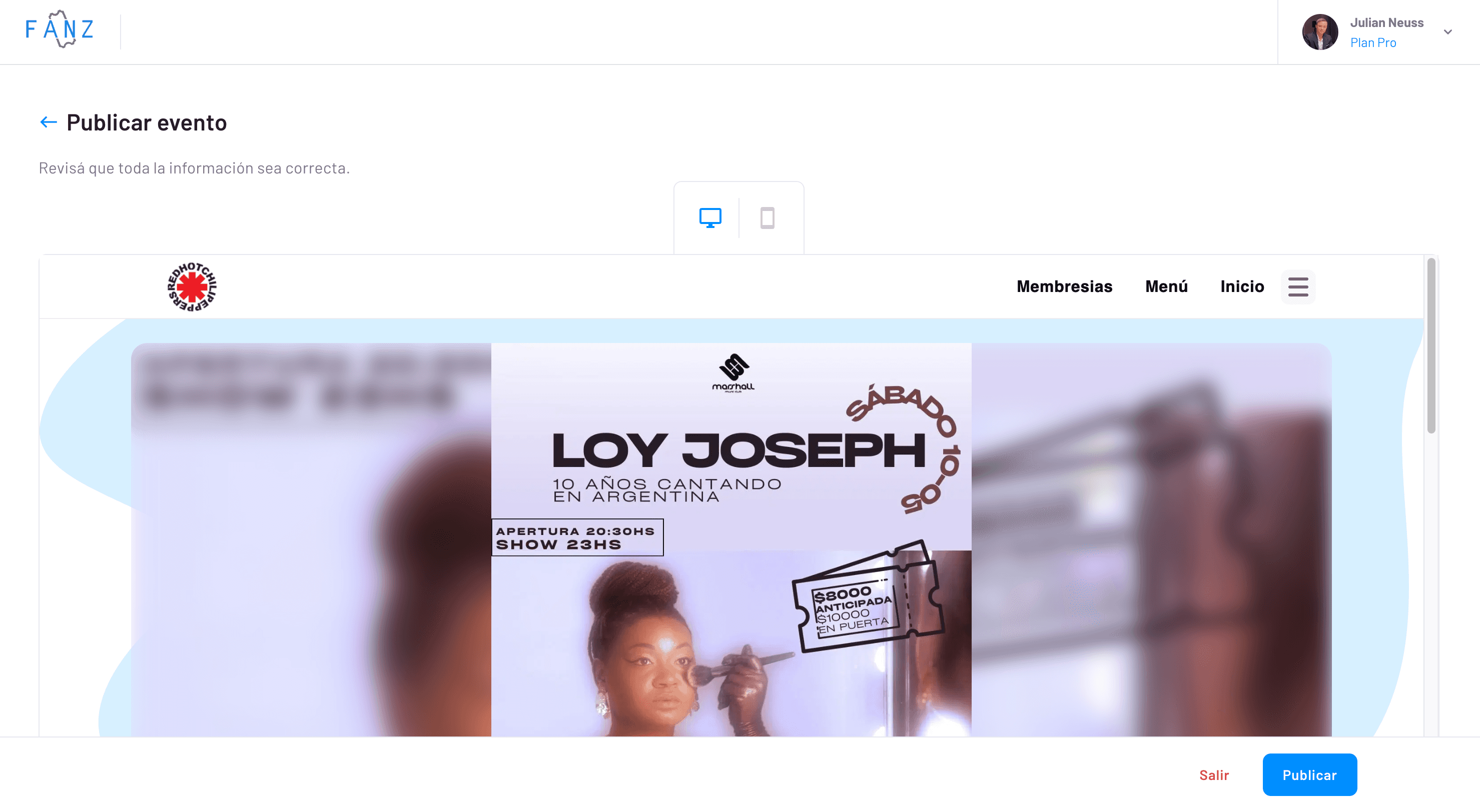 previsualización del evento en mobile y desktop